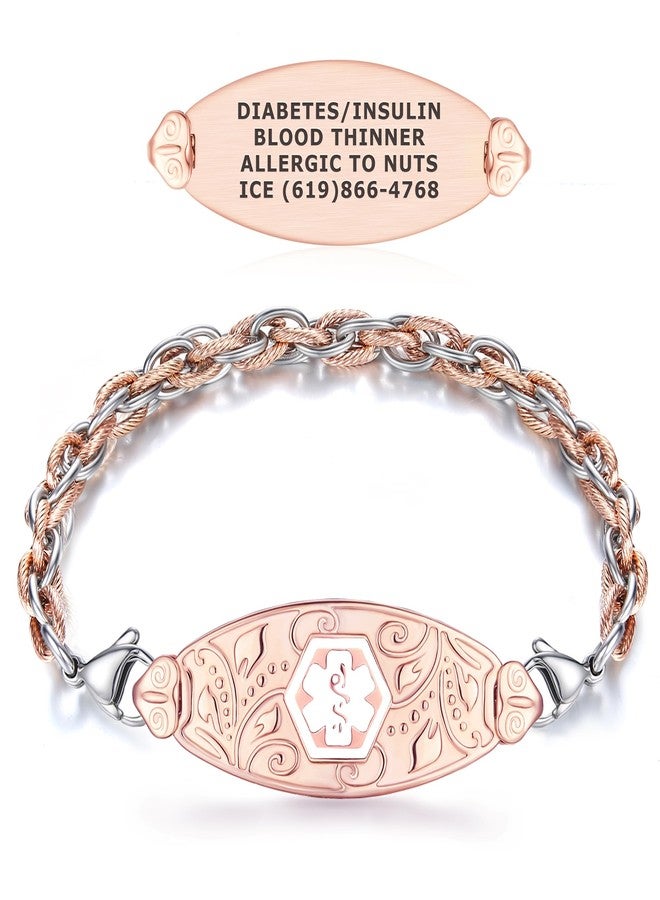 Divoti Medical Alert Bracelets for Women, Custom Engraved PVD Rose Gold Filigree Medical ID Bracelet, w/Inter-Mesh - White/ 7.5" - Image 1