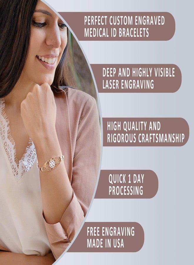 Divoti Medical Alert Bracelets for Women, Custom Engraved PVD Rose Gold Filigree Medical ID Bracelet, w/Inter-Mesh - White/ 7.5" - Image 3