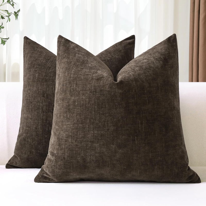 JOTOM Set of 2 Cushion Covers 60x60 cm Soft Chenille Brown Decorative Throw Pillow Covers 24x24 Inch Square Cushion Case Solid Pillowcases for Couch Sofa Living Room Bed Home Decor (Brown) - Image 1