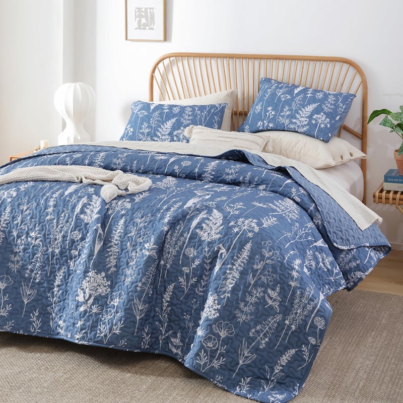 JANZAA Quilts Queen Size Infinity Blue Floral Queen Quilt Bedding Set Microfiber Boho Bedspread Lightweight Reversible Coverlet with 2 Pillowcases - Image 1