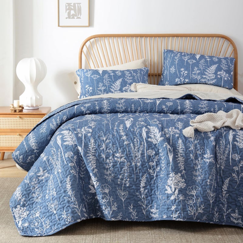 JANZAA Quilts Queen Size Infinity Blue Floral Queen Quilt Bedding Set Microfiber Boho Bedspread Lightweight Reversible Coverlet with 2 Pillowcases - Image 5
