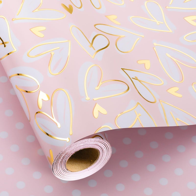 MAYPLUSS Wedding Wrapping Paper Roll, 17IN x 33FEET Gold Foil Heart Bridal Shower Gift Wrap for Mothers Day, Engagement, Baby Shower, Valentines Day - Image 1