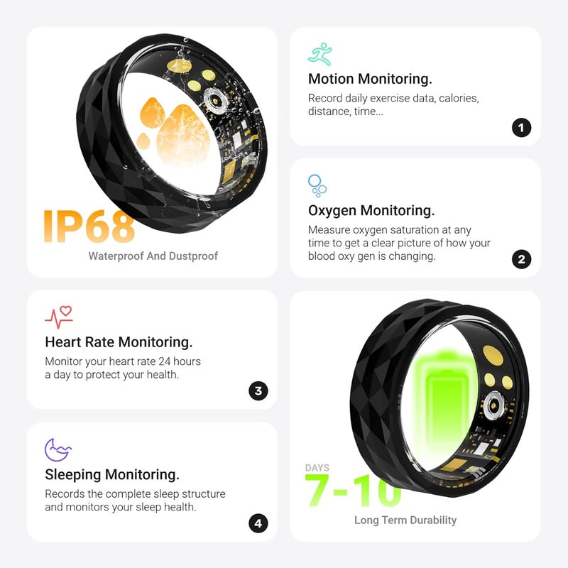 activity tracker,IP68 Waterproof Smart Ring for Men Women, SmartRing with with Calories, Heart Rate, Step Counter, Blood Oxygen Monitor, Compatible with Android & iOS(19.8mm) - Image 5