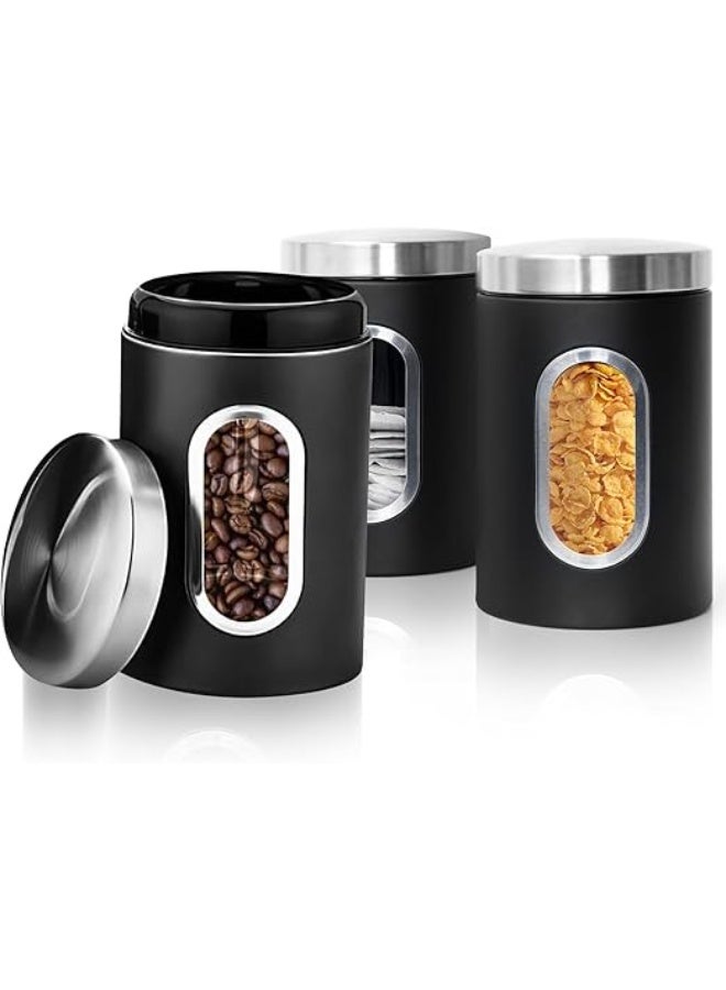 LENND Tea Coffee and Sugar Canisters Set,Kitchen Organizers and Food Storage,Transparent Window Containers for Kitchen Food,Storage Container for Sugar,Coffee Beans,Tea,Candy,Cereal,Spices - Image 1