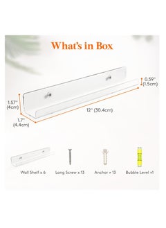 Generic Floating Shelves for Vinyl Record, 6 Pack 12" Clear Acrylic Wall Shelf Room Decor for Book/Photo/Picture/Makeup Display in Bedroom, Living Room, Bathroom Storage and Organization  - Image 3