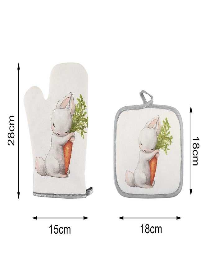 QCWN Spring Cute Bunny Rabbit Print Oven Gloves and Pot Holders Set, Cute Rabbit Print Pot Holders and Oven Mitts for Kitchen Cooking and Baking, Easter Gifts - Image 2