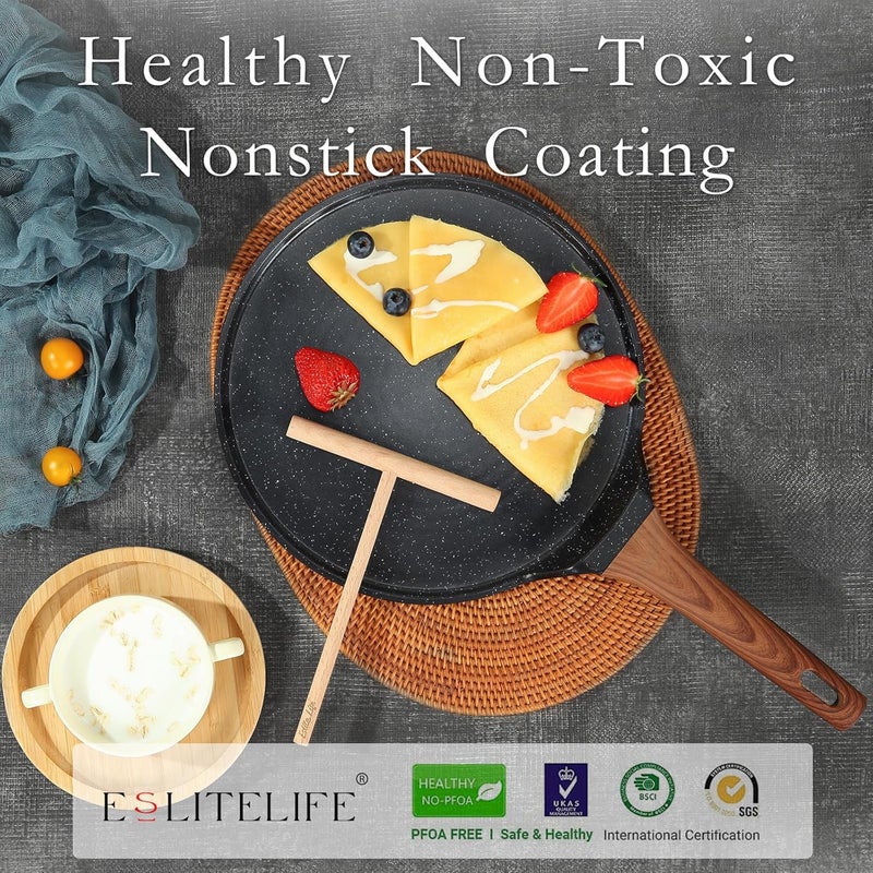 ESLITE LIFE 9.5 Inch Nonstick Crepe Pan for Stove Top Tortilla Dose Tawa Pan Induction Round Skillet with Granite Coating & Wooden Spreader - Image 5