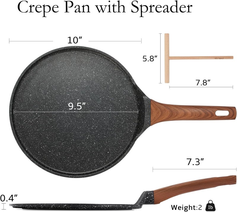 ESLITE LIFE 9.5 Inch Nonstick Crepe Pan for Stove Top Tortilla Dose Tawa Pan Induction Round Skillet with Granite Coating & Wooden Spreader - Image 2