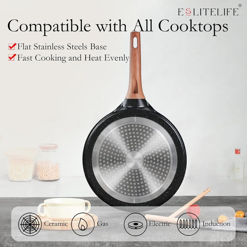 ESLITE LIFE 9.5 Inch Nonstick Crepe Pan for Stove Top Tortilla Dose Tawa Pan Induction Round Skillet with Granite Coating & Wooden Spreader - Image 3