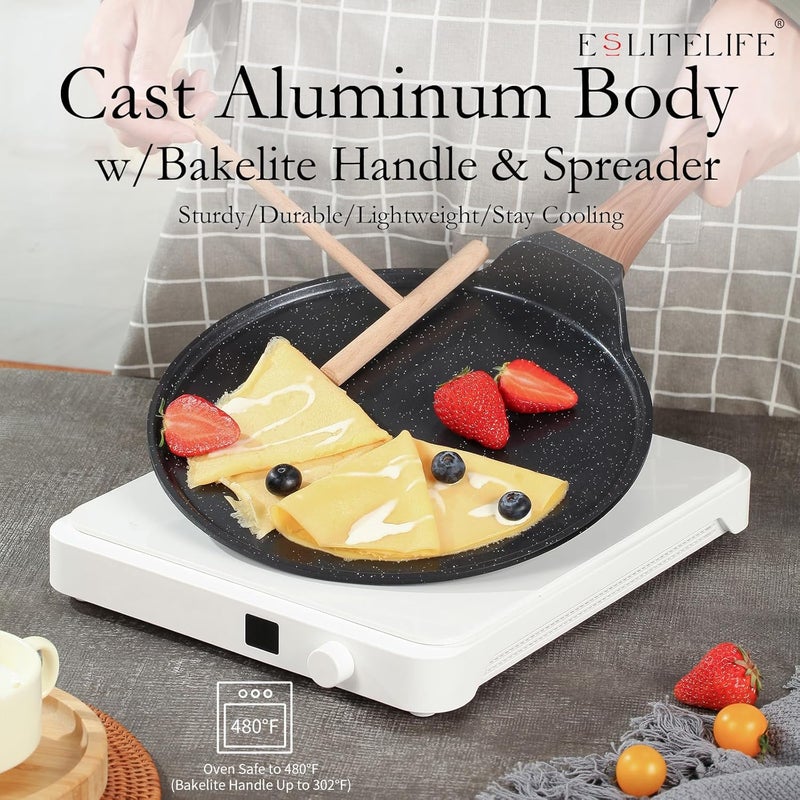 ESLITE LIFE 9.5 Inch Nonstick Crepe Pan for Stove Top Tortilla Dose Tawa Pan Induction Round Skillet with Granite Coating & Wooden Spreader - Image 4