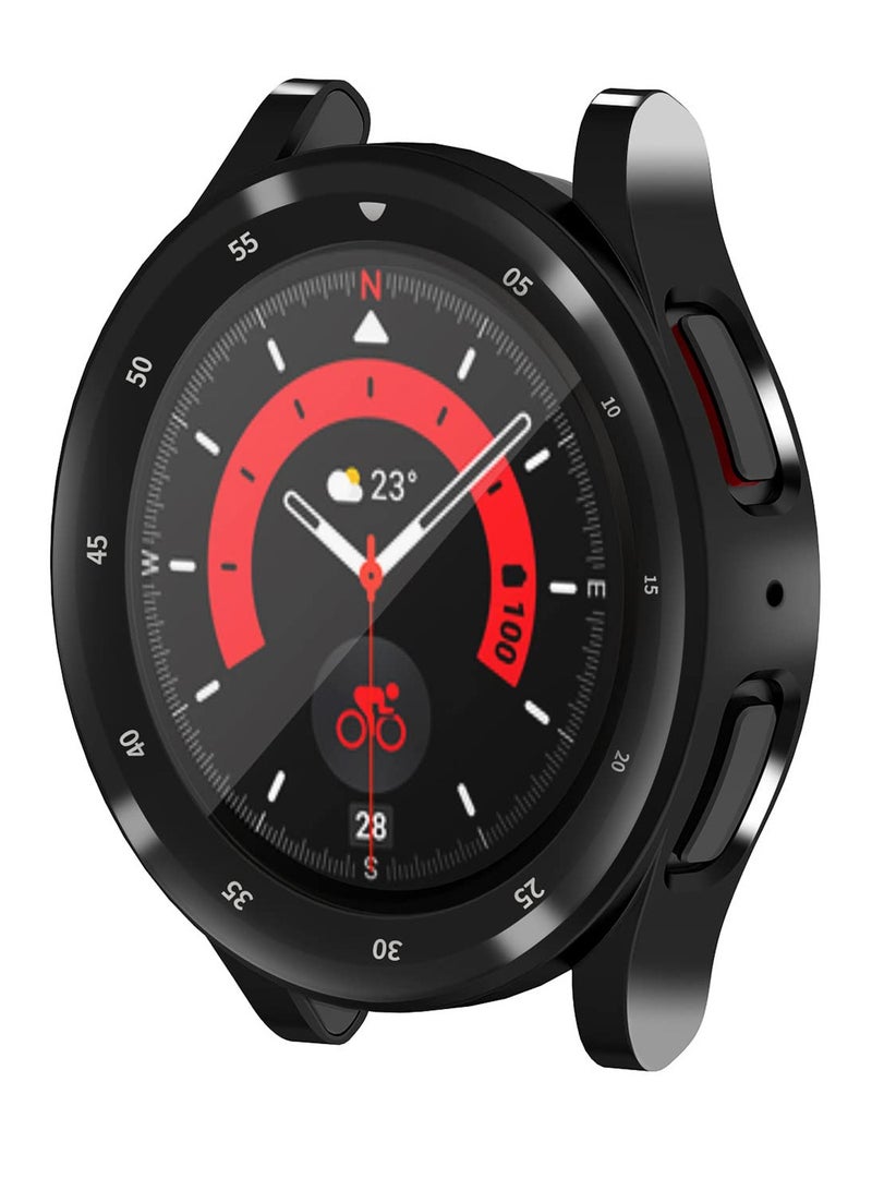 TPU Soft Shell Time Scale Glass Screen Protector Film Case for Samsung Galaxy Watch 5 Pro 5 Pro 45mm Bumper Watch5 Pro Full Cover Shockproof Anti Scratch Protective Case Black - Image 1