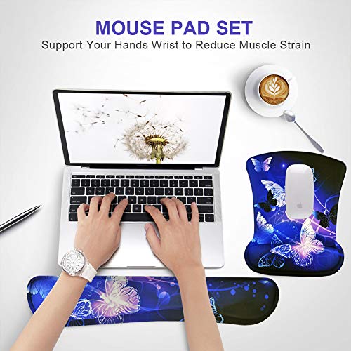 iVeze Mouse Pad with Wrist Support and Keyboard Wrist Rest Pad Set,Ergonomic Mouse Pads for Computers Laptop,Non-Slip Comfortable Mousepad w/Raised Memory Foam for Easy Typing & Pain Relief (Arts Butterfly) - Image 2