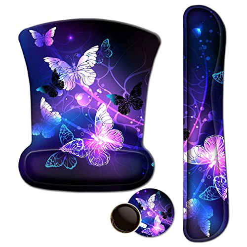 iVeze Mouse Pad with Wrist Support and Keyboard Wrist Rest Pad Set,Ergonomic Mouse Pads for Computers Laptop,Non-Slip Comfortable Mousepad w/Raised Memory Foam for Easy Typing & Pain Relief (Arts Butterfly) - Image 1