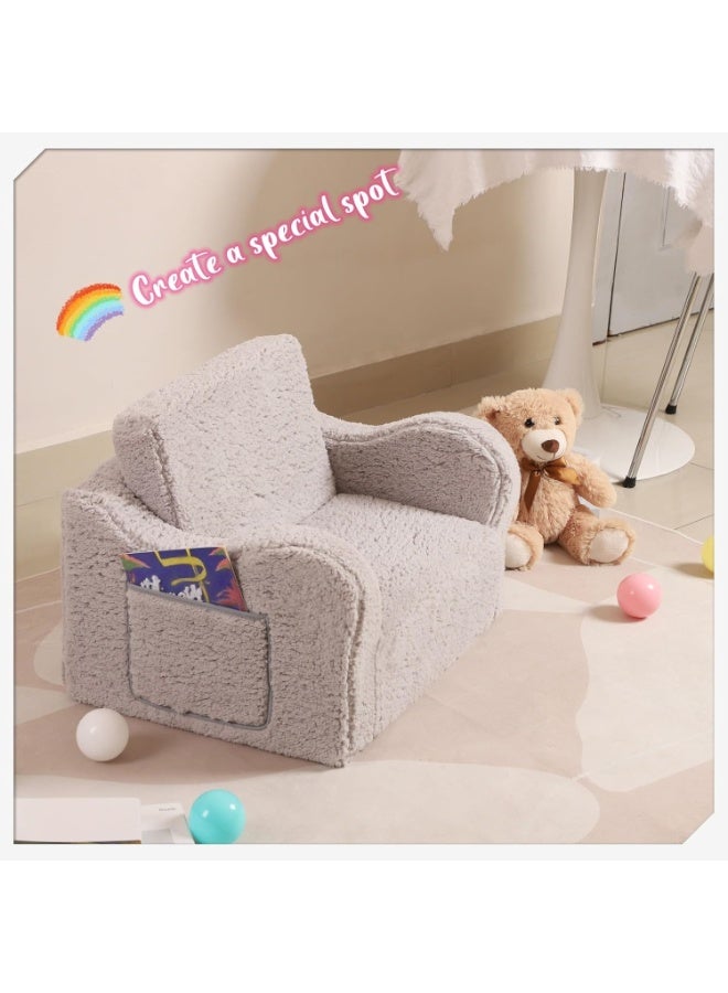 أريكة كرسي للأطفال، أريكة شيربا فاخرة 2 في 1 للأطفال الصغار، أريكة قابلة للطي تتحول إلى كرسي استرخاء، مقعد فردي مريح للأولاد والبنات، كرسي ناعم للأطفال لغرفة النوم وغرفة اللعب - Image 2