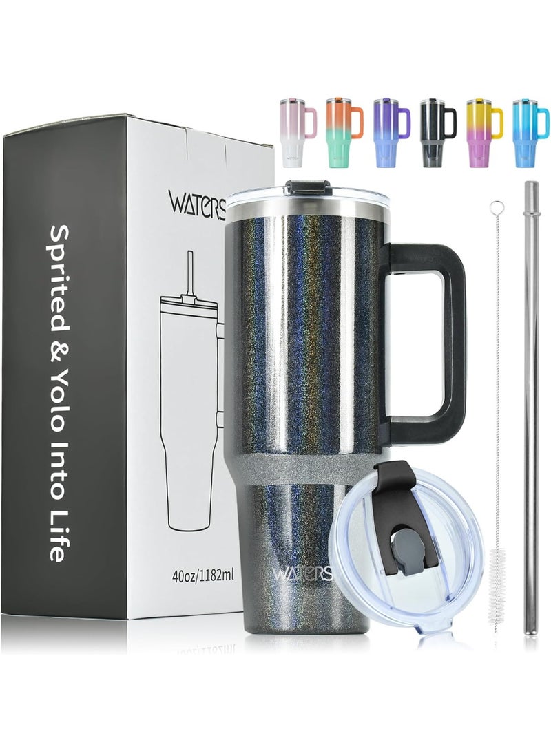 WATERSY 40 oz Coffee Mug to Go Thermal Mug Double-Walled Stainless Steel Vacuum Leak-Proof Drinking Cup with Handle and Straw Thermal Tumbler Black Glossy - Image 1