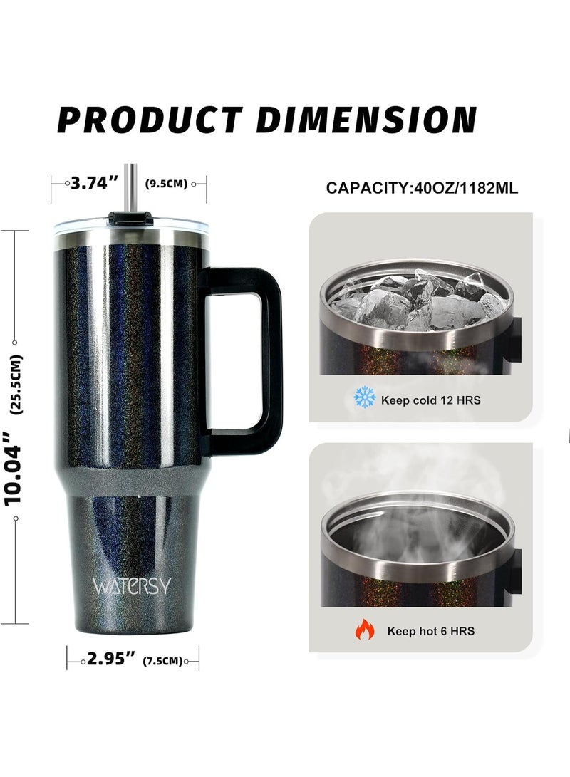 WATERSY 40 oz Coffee Mug to Go Thermal Mug Double-Walled Stainless Steel Vacuum Leak-Proof Drinking Cup with Handle and Straw Thermal Tumbler Black Glossy - Image 2