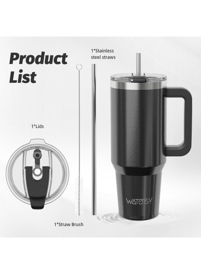 WATERSY 40 oz Coffee Mug to Go Thermal Mug Double-Walled Stainless Steel Vacuum Leak-Proof Drinking Cup with Handle and Straw Thermal Tumbler Black Glossy - Image 4