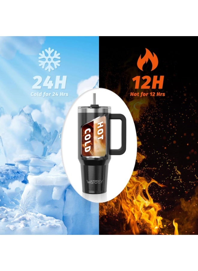 WATERSY 40 oz Coffee Mug to Go Thermal Mug Double-Walled Stainless Steel Vacuum Leak-Proof Drinking Cup with Handle and Straw Thermal Tumbler Black Glossy - Image 5