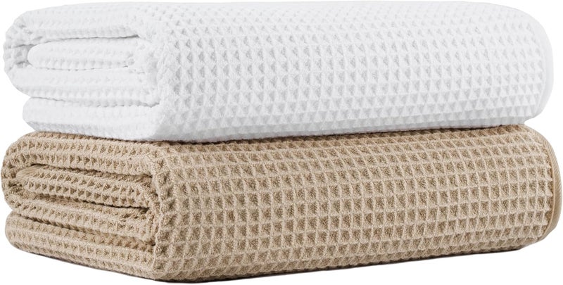 MICROFI New Microfiber Waffle Bath Towels, 2 Pieces, Oversized, Soft, Absorbent, Fast Drying, Lint Free (Beige+White) - Image 1