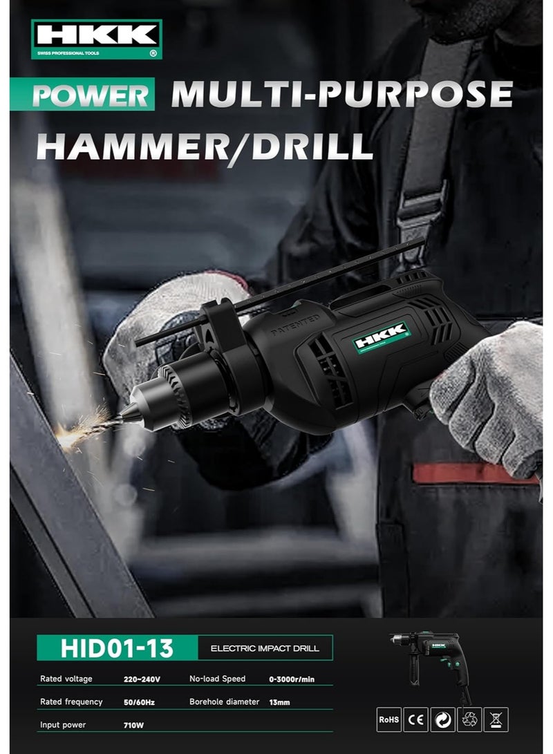 HKK مثقاب كهربائي 710 واط، 13 مم، سرعة متغيرة وعمل عكسي، 0-3000 دورة في الدقيقة، 220-230 فولت، أداة كهربائية قوية للحفر في الخشب والمعادن والخرسانة - Image 4