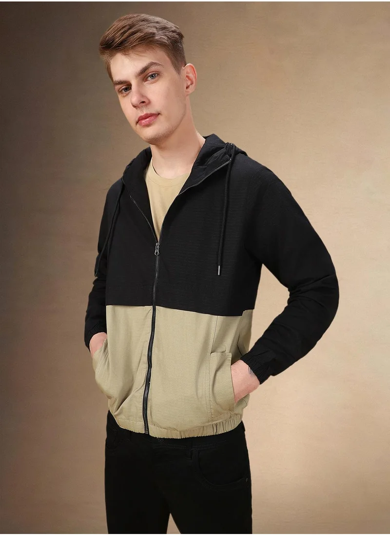 دينيس لينغو Men's Khaki 100% Polyester Colour Blocked Regular Fit Jacket