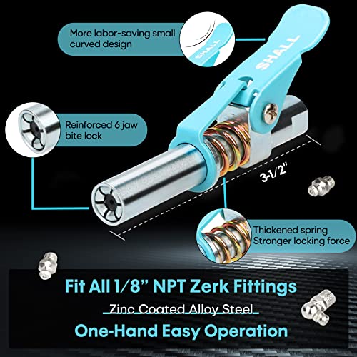 SHALL Grease Gun Coupler, Quick Release & Strong Locking Grease Gun Couplers w/Zerk Fittings Cleaner, 10000 PSI High Pressure Grease Gun Tips, Compatible with All Grease Guns 1/8" NPT Grease Fittings - Image 2