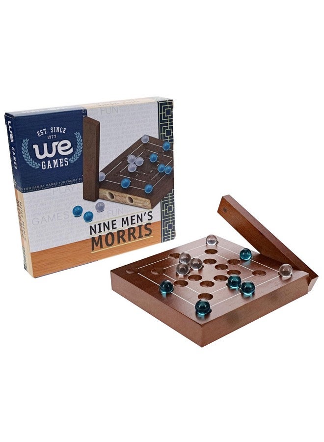 WE Games لعبة WE Games Nine Men's Morris، حجم السفر 5 بوصات - لوحة خشبية صلبة مع إغلاق مغناطيسي، 9 كرات شفافة و 9 كرات زرقاء، لعبة استراتيجية كلاسيكية للاعبين 2 للبالغين، مثالية لليالي الألعاب - Image 2