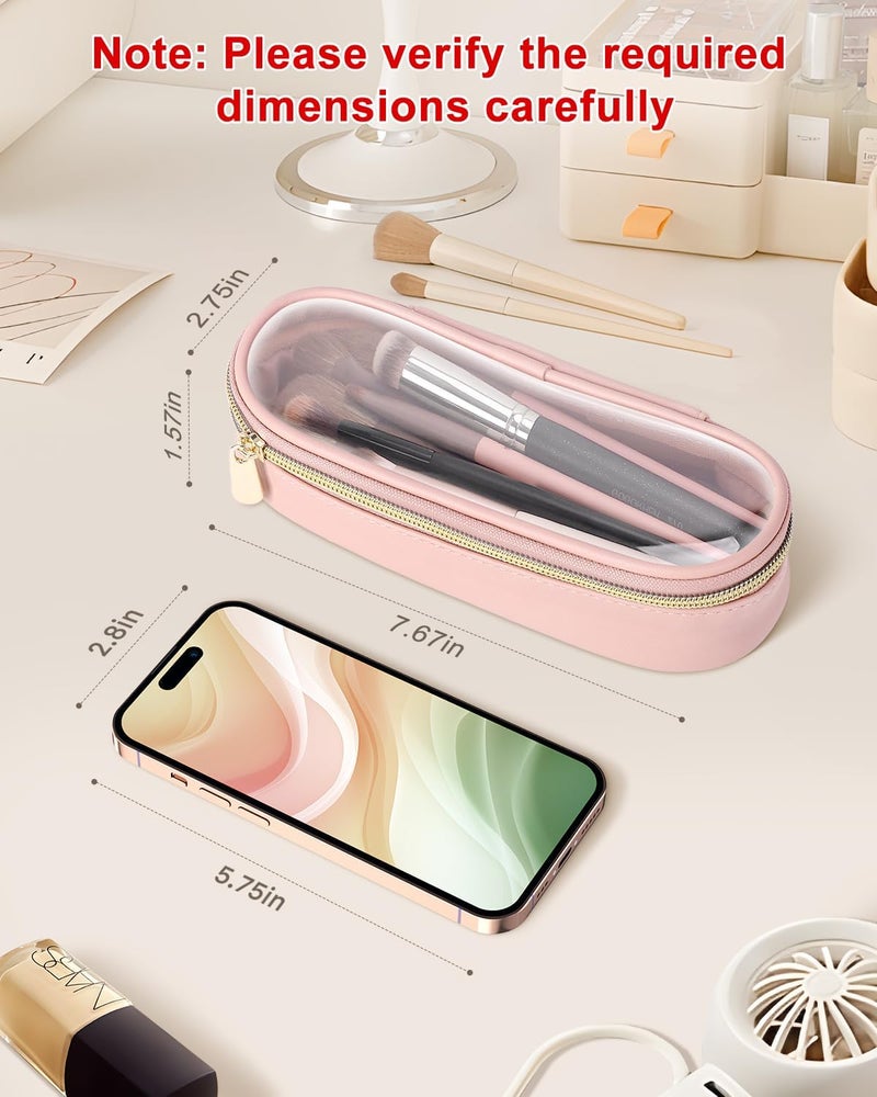 Soimeat Clear Travel Makeup Brush Holder, Leather Makeup Brush Toiletry Bag, Portable Cosmetic Brush Case, Transparent Waterproof Makeup Brush Storage Bag, Pink - Image 3