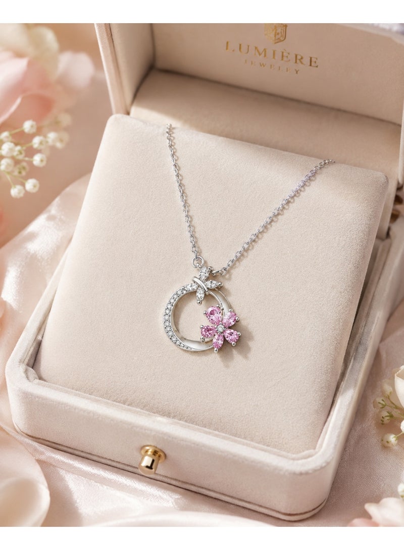 RAFAL Pink Moon Flower Women's Silver-Tone Pendant Necklace with Crystal Crescent, Star and Pink Flower - Image 4