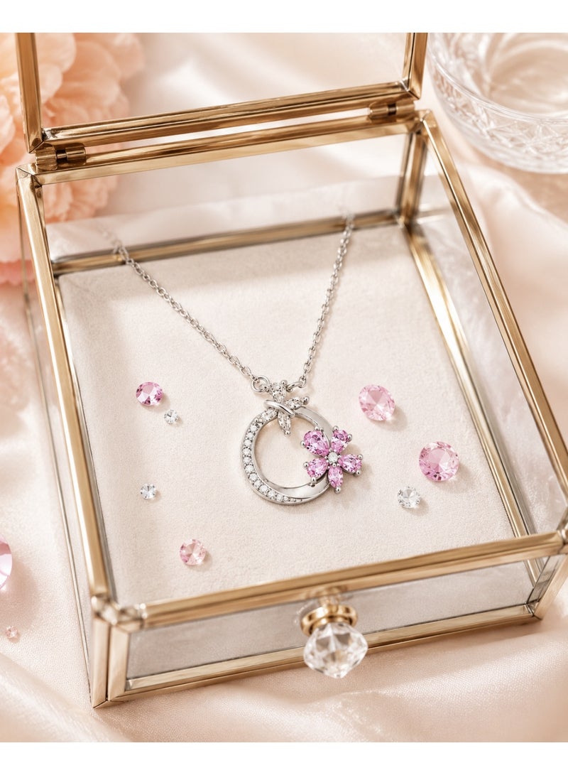 RAFAL Pink Moon Flower Women's Silver-Tone Pendant Necklace with Crystal Crescent, Star and Pink Flower - Image 3