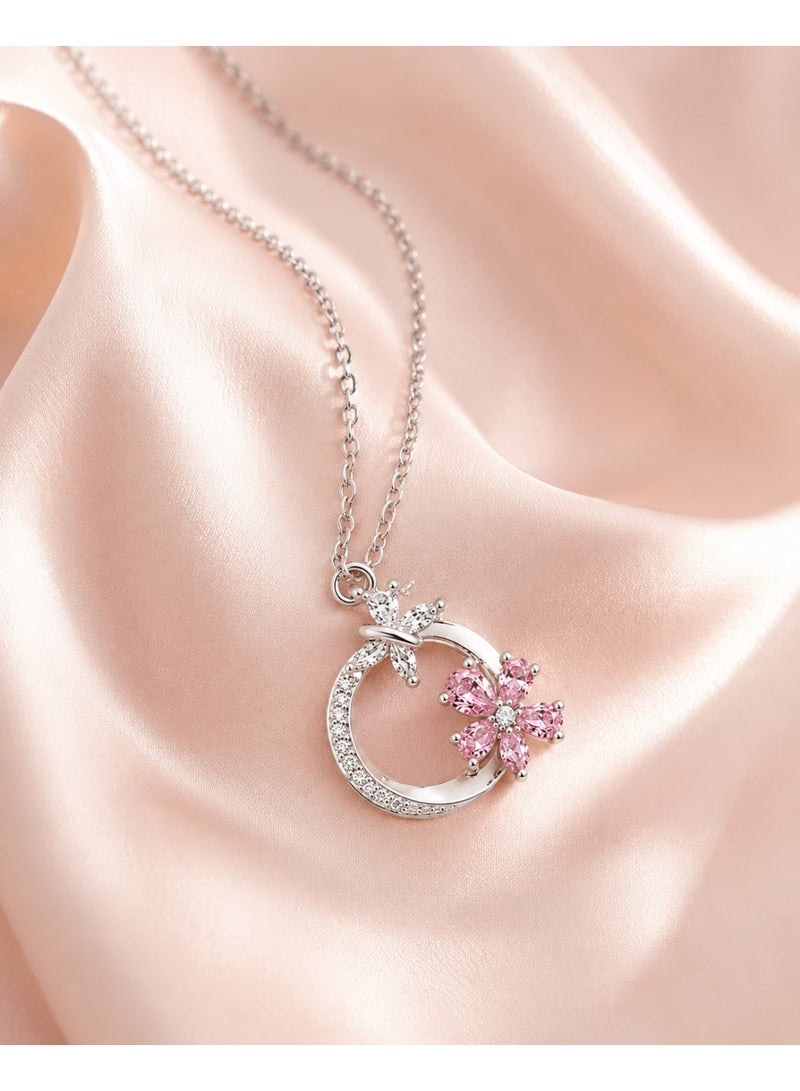 RAFAL Pink Moon Flower Women's Silver-Tone Pendant Necklace with Crystal Crescent, Star and Pink Flower - Image 2