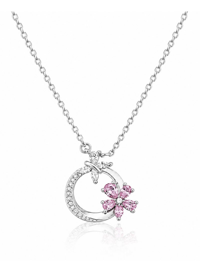 RAFAL Pink Moon Flower Women's Silver-Tone Pendant Necklace with Crystal Crescent, Star and Pink Flower - Image 1