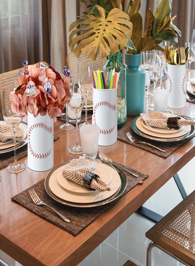 Domensi 6 Pcs Baseball Party Decorations Table Centerpiece Baseball Themed Vase Galvanized Metal Tin for Artificial Flowers Sports Utensil Holder for Kitchen Home Party Supplies - Image 5