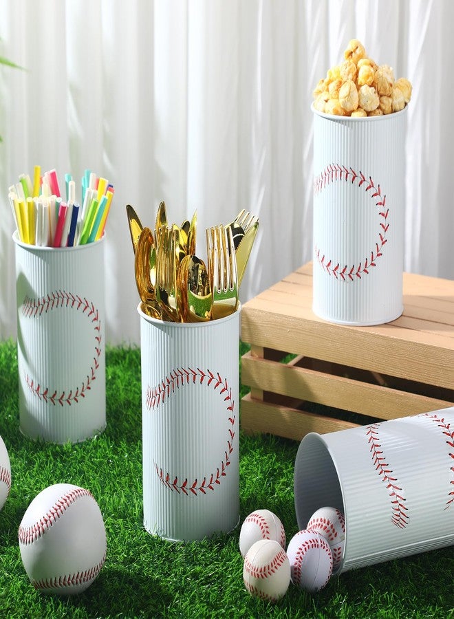 Domensi 6 Pcs Baseball Party Decorations Table Centerpiece Baseball Themed Vase Galvanized Metal Tin for Artificial Flowers Sports Utensil Holder for Kitchen Home Party Supplies - Image 2