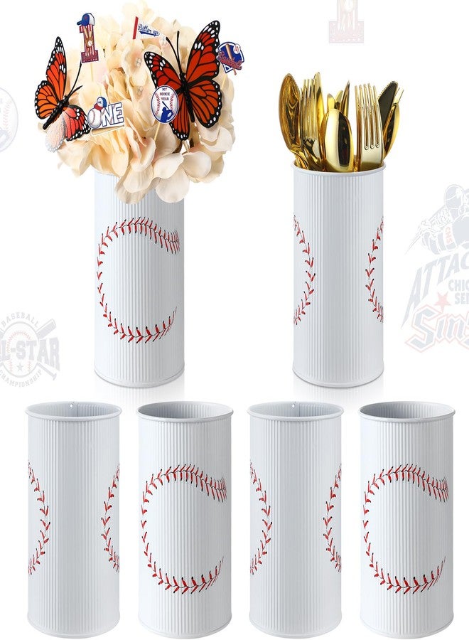 Domensi 6 Pcs Baseball Party Decorations Table Centerpiece Baseball Themed Vase Galvanized Metal Tin for Artificial Flowers Sports Utensil Holder for Kitchen Home Party Supplies - Image 1