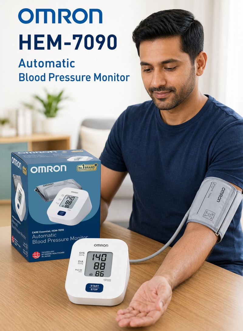 OMRON HEM-7090 Automatic Digital Upper Arm Blood Pressure Monitor with IntelliSense Technology, One Button Operation, Irregular Heartbeat Detection, Body Movement Detection, Cuff Wrapping Guide, Large LCD Display, Last Reading Memory, Standard Adult Cuff 22–32 cm, Oscillometric Measurement, Home Blood Pressure and Pulse Monitor, Clinically Validated, 4 AA Battery Powered - Image 1
