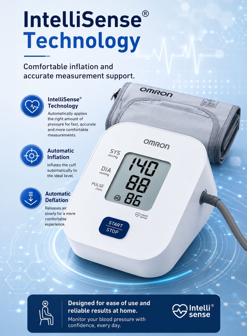OMRON HEM-7090 Automatic Digital Upper Arm Blood Pressure Monitor with IntelliSense Technology, One Button Operation, Irregular Heartbeat Detection, Body Movement Detection, Cuff Wrapping Guide, Large LCD Display, Last Reading Memory, Standard Adult Cuff 22–32 cm, Oscillometric Measurement, Home Blood Pressure and Pulse Monitor, Clinically Validated, 4 AA Battery Powered - Image 2