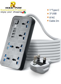 Rock Pow 2 meters Universal Extension Lead with Multiple Function UK Plug 3 Pin Socket Outlet with 6 Gang 3 USB Port 1 Type-C Port 2M Electric Socket Mains Strip for Home Kitchen and Office 2 meters  - Image 1