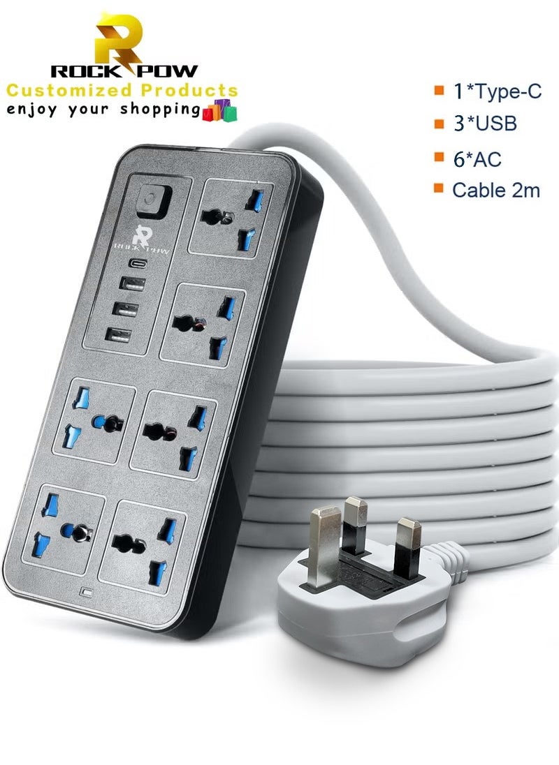 Rock Pow 2 meters Universal Extension Lead with Multiple Function UK Plug 3 Pin Socket Outlet with 6 Gang 3 USB Port 1 Type-C Port 2M Electric Socket Mains Strip for Home Kitchen and Office 2 meters  - Image 1