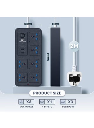 2 meters Universal Extension Lead with Multiple Function UK Plug 3 Pin Socket Outlet with 6 Gang 3 USB Port 1 Type-C Port 2M Electric Socket Mains Strip for Home Kitchen and Office 2 meters - view 2