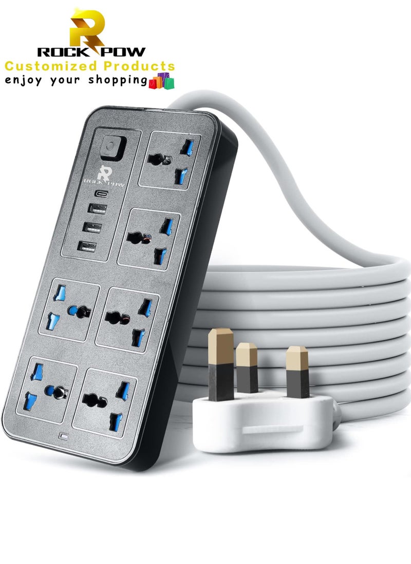 Rock Pow - 2 meters Universal Extension Lead with Multiple Function UK Plug 3 Pin Socket Outlet with 6 Gang 3 USB Port 1 Type-C Port 2M Electric Socket Mains Strip for Home Kitchen and Office 2 meters - Image 1