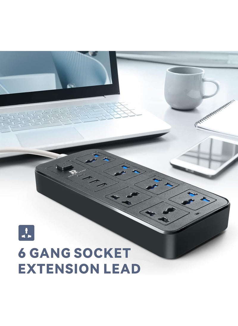 Rock Pow - 2 meters Universal Extension Lead with Multiple Function UK Plug 3 Pin Socket Outlet with 6 Gang 3 USB Port 1 Type-C Port 2M Electric Socket Mains Strip for Home Kitchen and Office 2 meters - Image 1