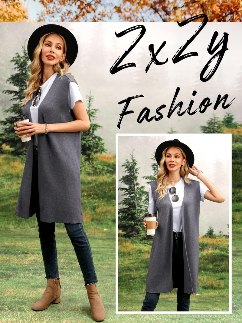ZXZY سترة نسائية عادية بدون أكمام بفتحة أمامية طويلة - Image 3