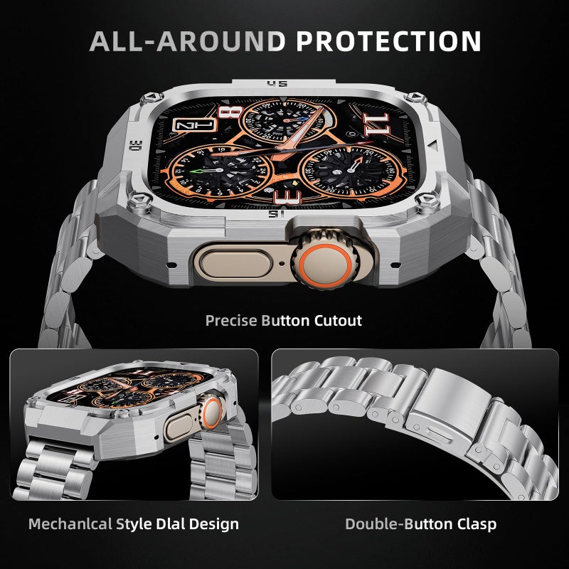 PanPinnacle Business Stainless Steel Case with Band Compatiable for 49mm Apple Watch Ultra 3/2/1 bands for men, Rugged Metal Apple Watch Bumper Case Cover with Strap for iWatch Band,Silver - Image 3