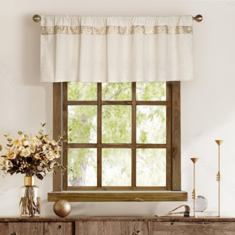 Oindec 2 Pack Cotton Linen Kitchen Valance Curtains with Shimmering Gold Embroidered Strip Modern Elegant 16 inches Neutral Farmhouse Short Valance for Window Treatment - Image 1