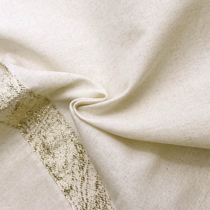 Oindec 2 Pack Cotton Linen Kitchen Valance Curtains with Shimmering Gold Embroidered Strip Modern Elegant 16 inches Neutral Farmhouse Short Valance for Window Treatment - Image 4