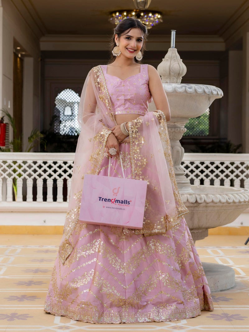 TRENDMALLS Women's Satin Embroidery work Lehenga Choli with Dupatta - (L295-Light pink-SemiStitch) - Image 3