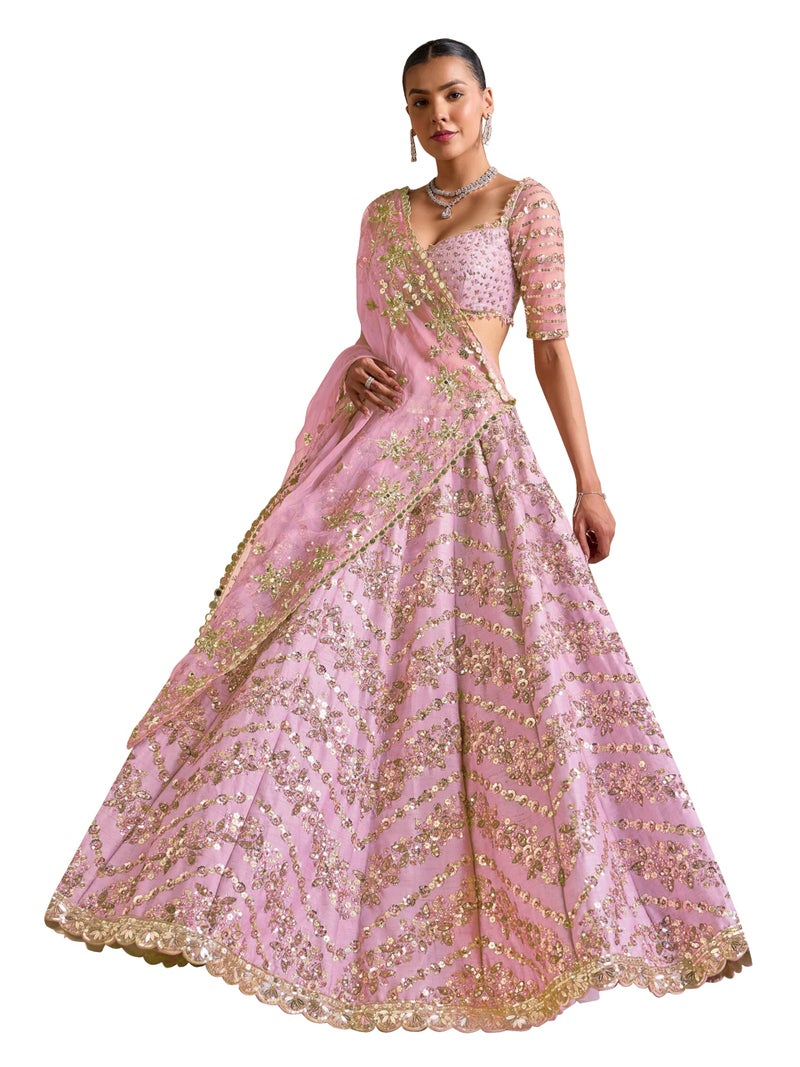 TRENDMALLS Women's Satin Embroidery work Lehenga Choli with Dupatta - (L295-Light pink-SemiStitch) - Image 1