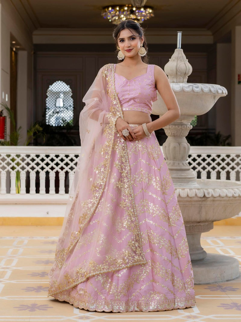 TRENDMALLS Women's Satin Embroidery work Lehenga Choli with Dupatta - (L295-Light pink-SemiStitch) - Image 4