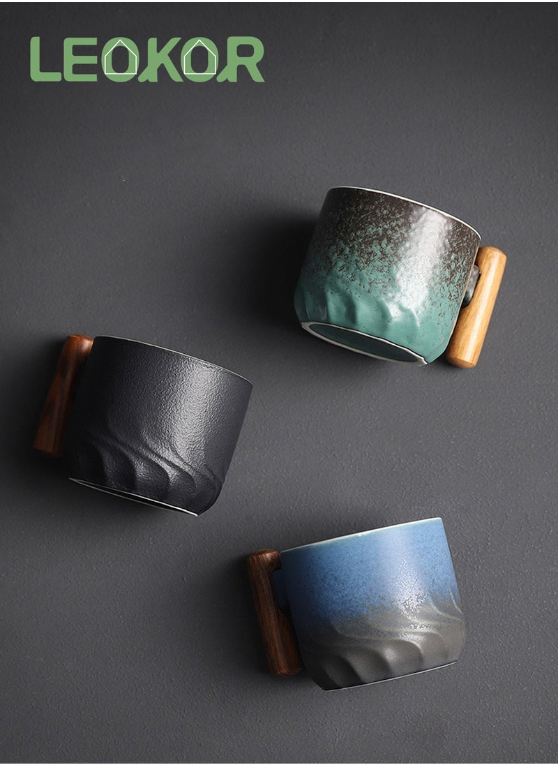 LEOKOR 3 Pcs Ceramic Espresso Cups with Wooden Handle Espresso Shot Cups Ceramic Tea Cups 70ML  - Image 2